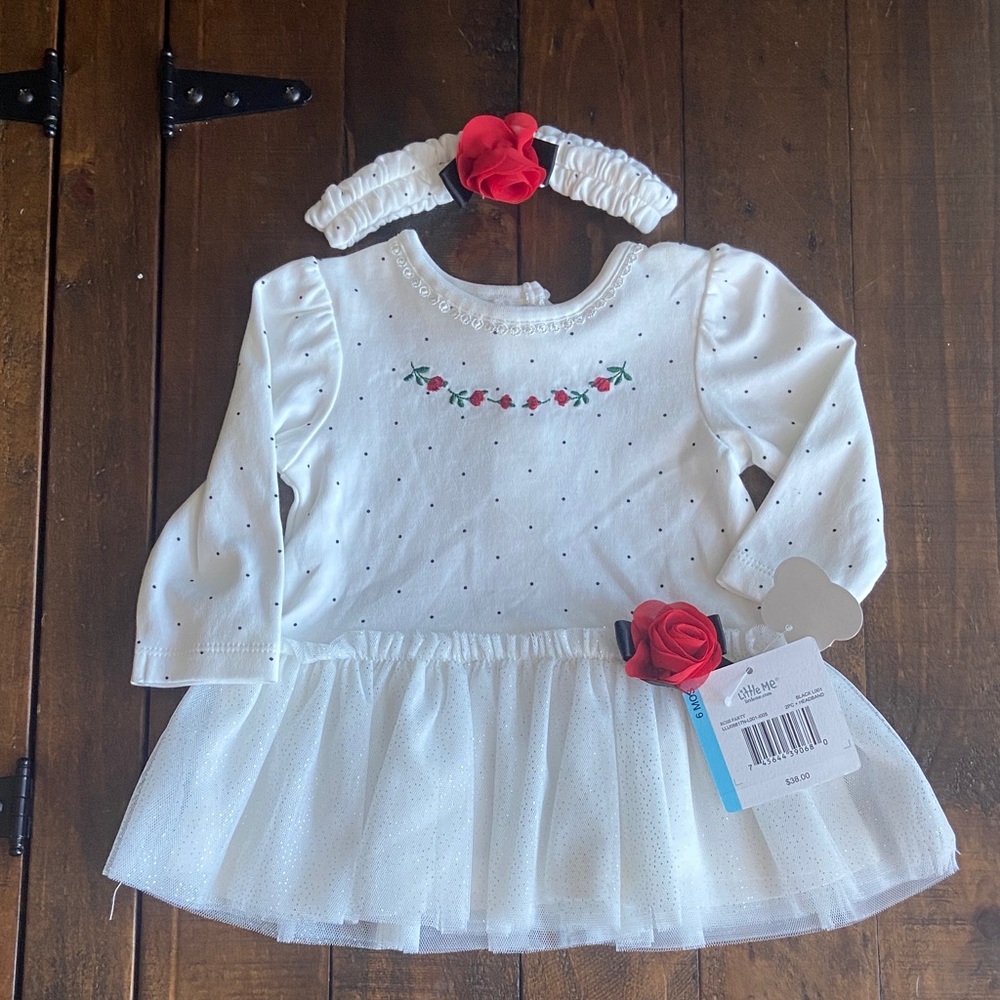 Little Me White Dress with Red Floral Accents 6mos